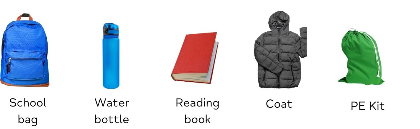 Pictures of things to remember like school bag, water bottle, book, coat, P.E. kit.